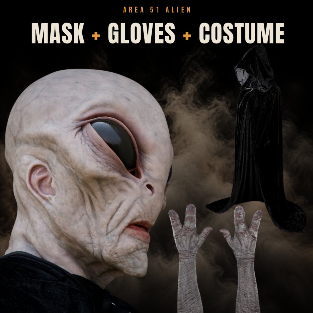 Complete alien halloween costume set with the mask, gloves and robe