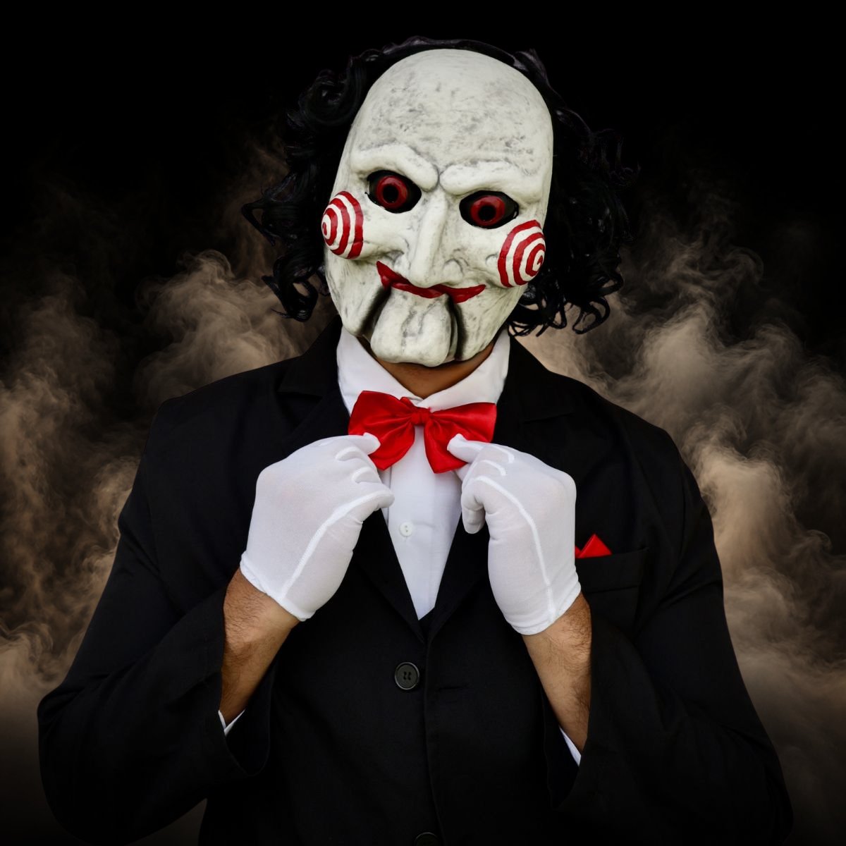 Creepy doll halloween mask worn with the black suit and gloves