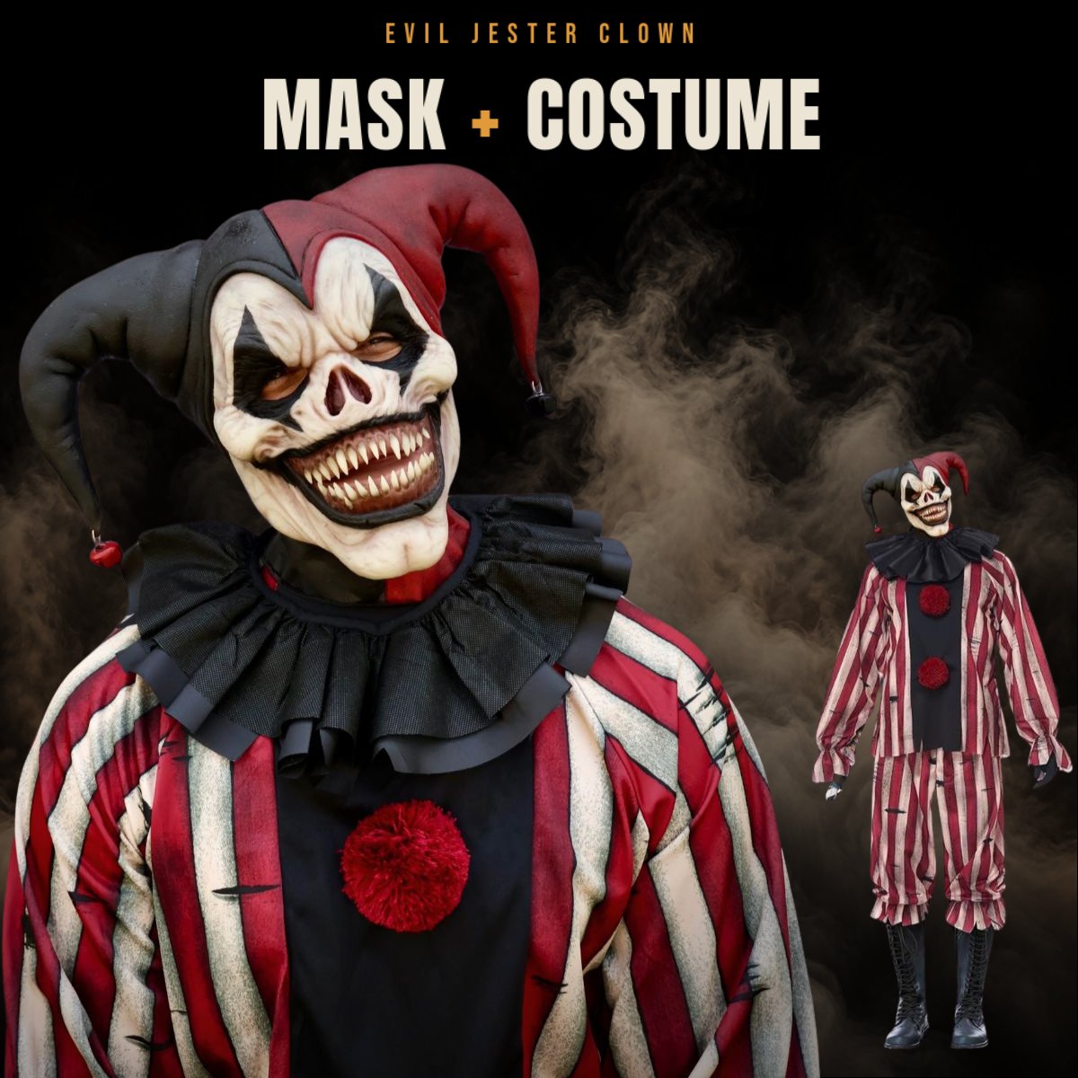 Jester clown mask shown with the matching striped costume