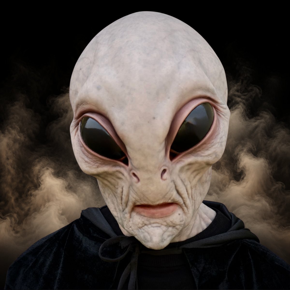 Front view of a grey alien mask with an elongated pale skull